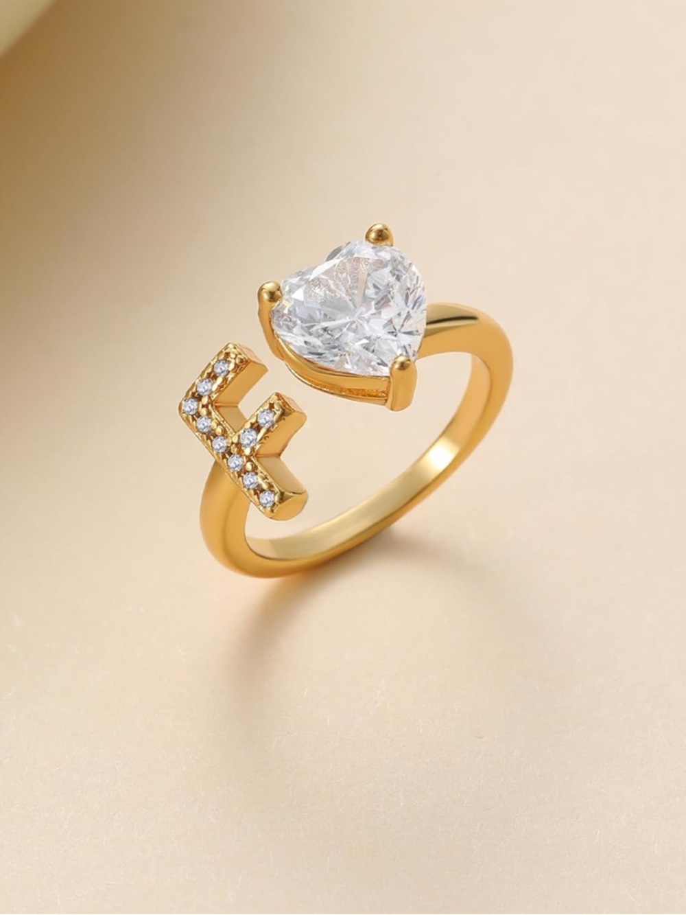Gold Heart Crystal Letter F Open Ring - Women's Fashion Jewelry